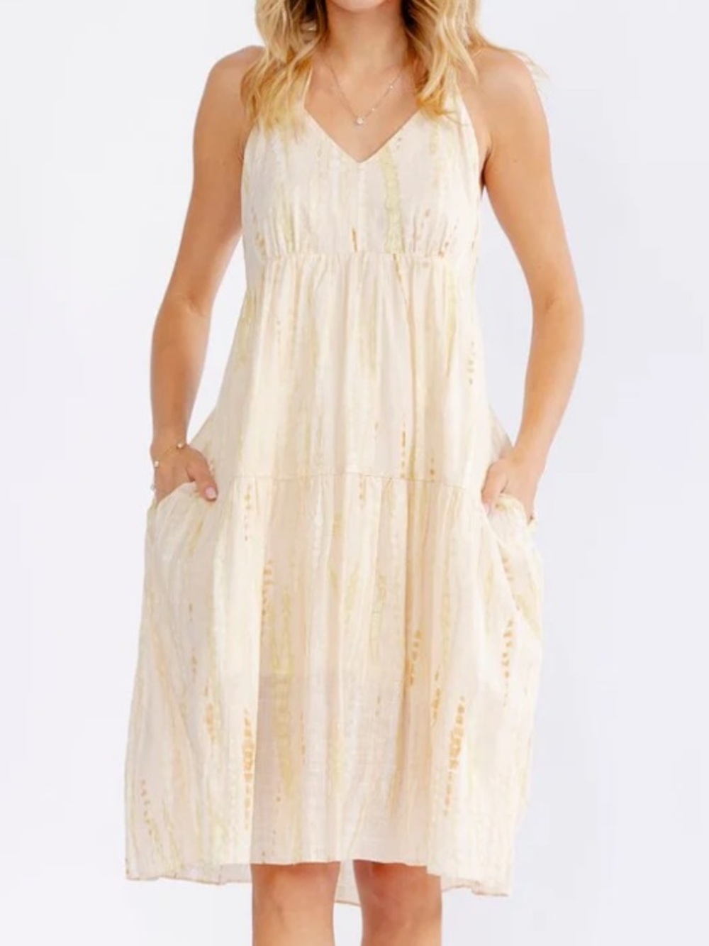 Boho NWT Women's tie-dye summer Cream V-Neck Tiered mini Dress S-M-L